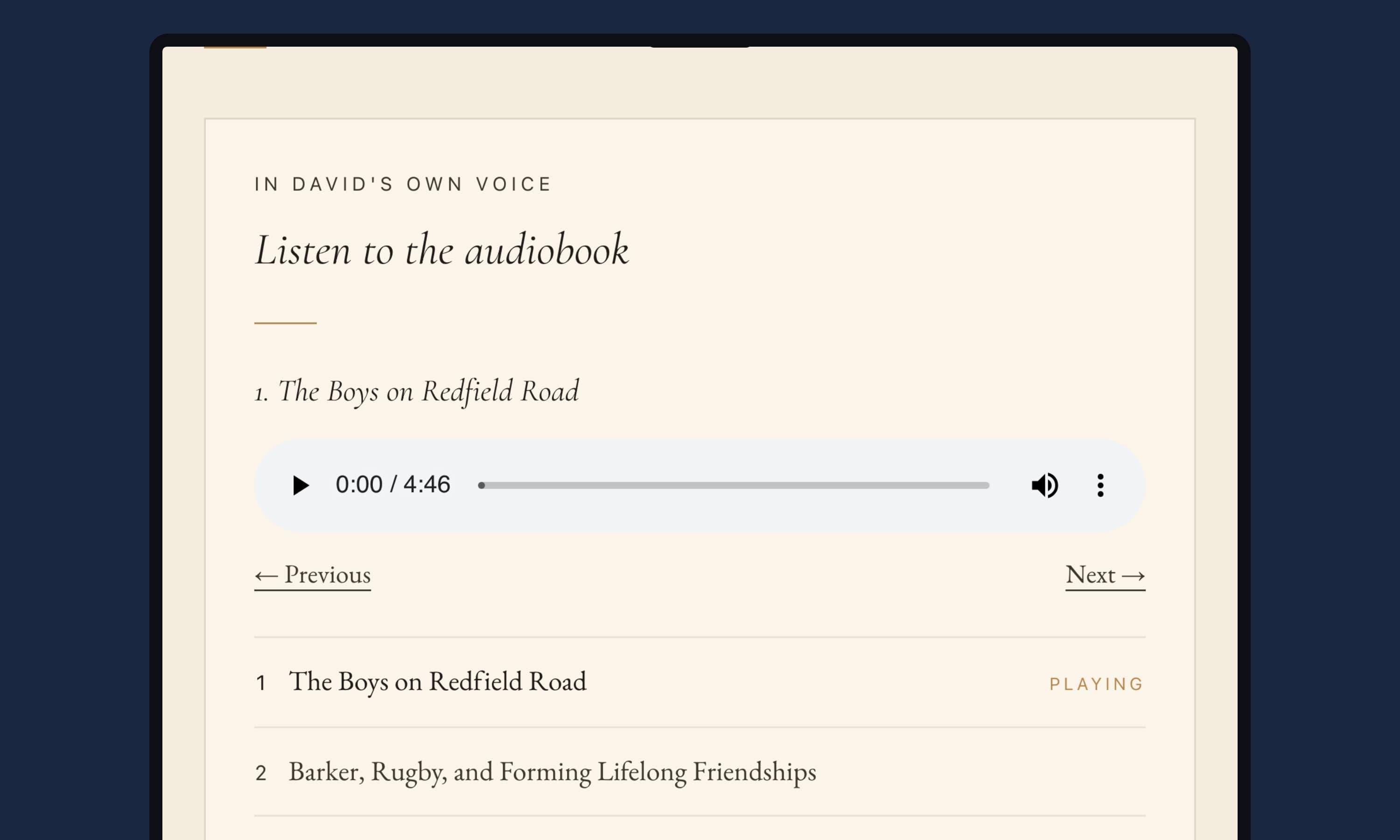 The audiobook playing in the Living Memoir on a laptop: chapters read aloud in their own voice