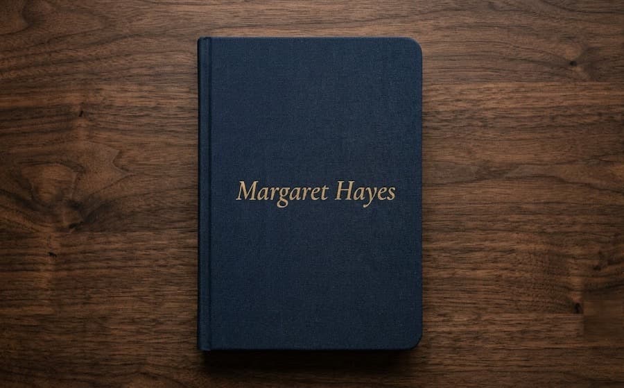The cloth-bound memoir: navy cloth with the storyteller's name foil-stamped in gold, on a walnut table