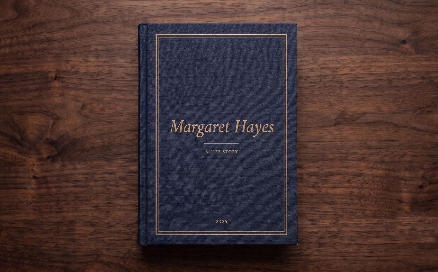 The hardcover memoir: navy with the storyteller's name foil-stamped in gold, on a walnut table