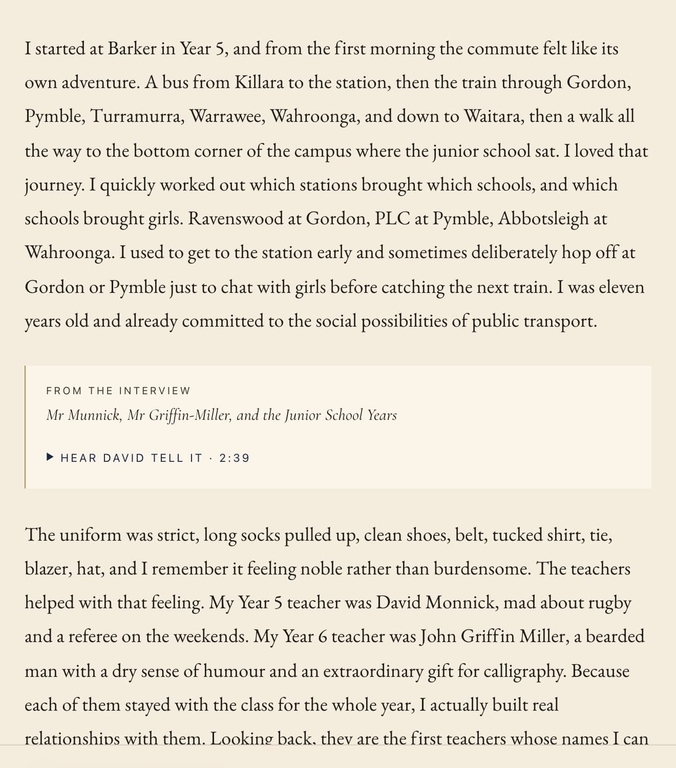 Inside a Living Memoir chapter: the written moment with a Hear David tell it voice clip set beside it