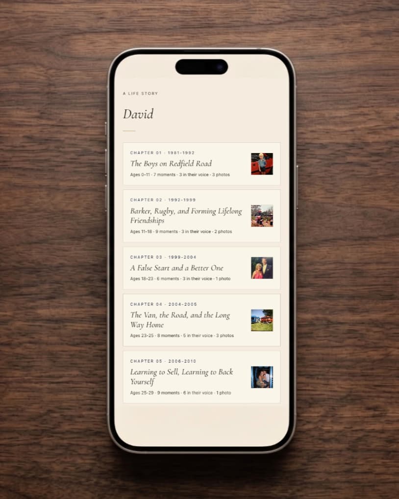 The Living Memoir open on a phone: chapter cards with photographs and moments told in their own voice